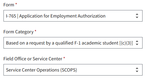 USCIS dropdowns