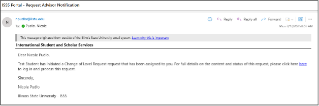 Email notifying Nicole Pudlo of a Change of Level Request from the ISSS Portal.