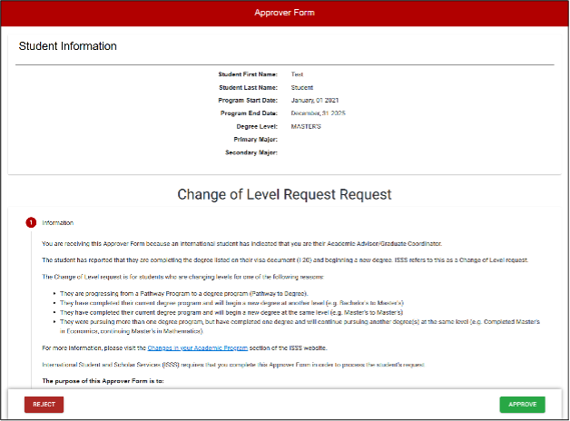 A digital 'Approver Form' with student information and 'Change of Level Request Request' details.