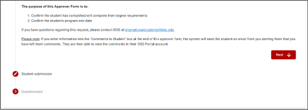 Screenshot of an 'Approver Form' with sections for student submission and questionnaire, and a 'Next' button.