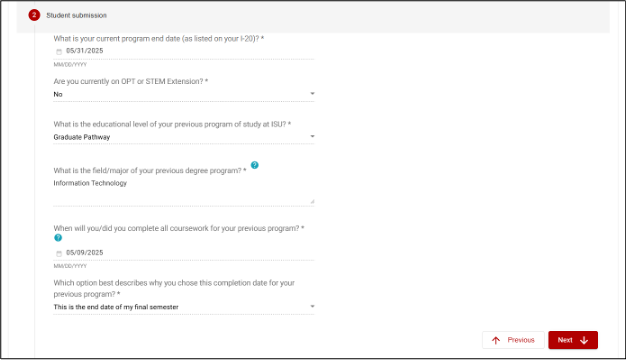 Screenshot of a student submission form with questions and input fields.