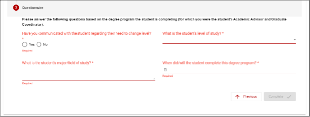 Screenshot of a questionnaire form for student's degree program details.