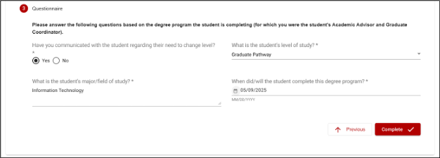 Screenshot of an online questionnaire form about a student's degree program with responses filled in.