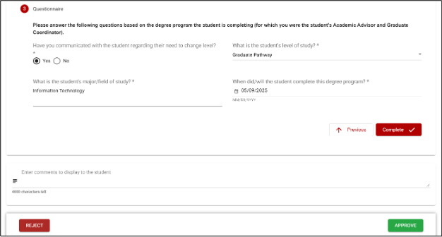 Online questionnaire form for an academic advisor regarding a student's degree program details.