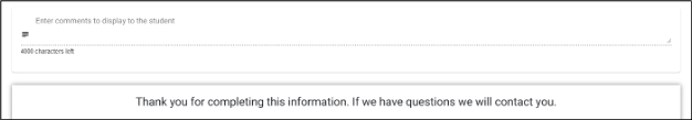 Web interface with a comment input box and a message thanking for completing the information.