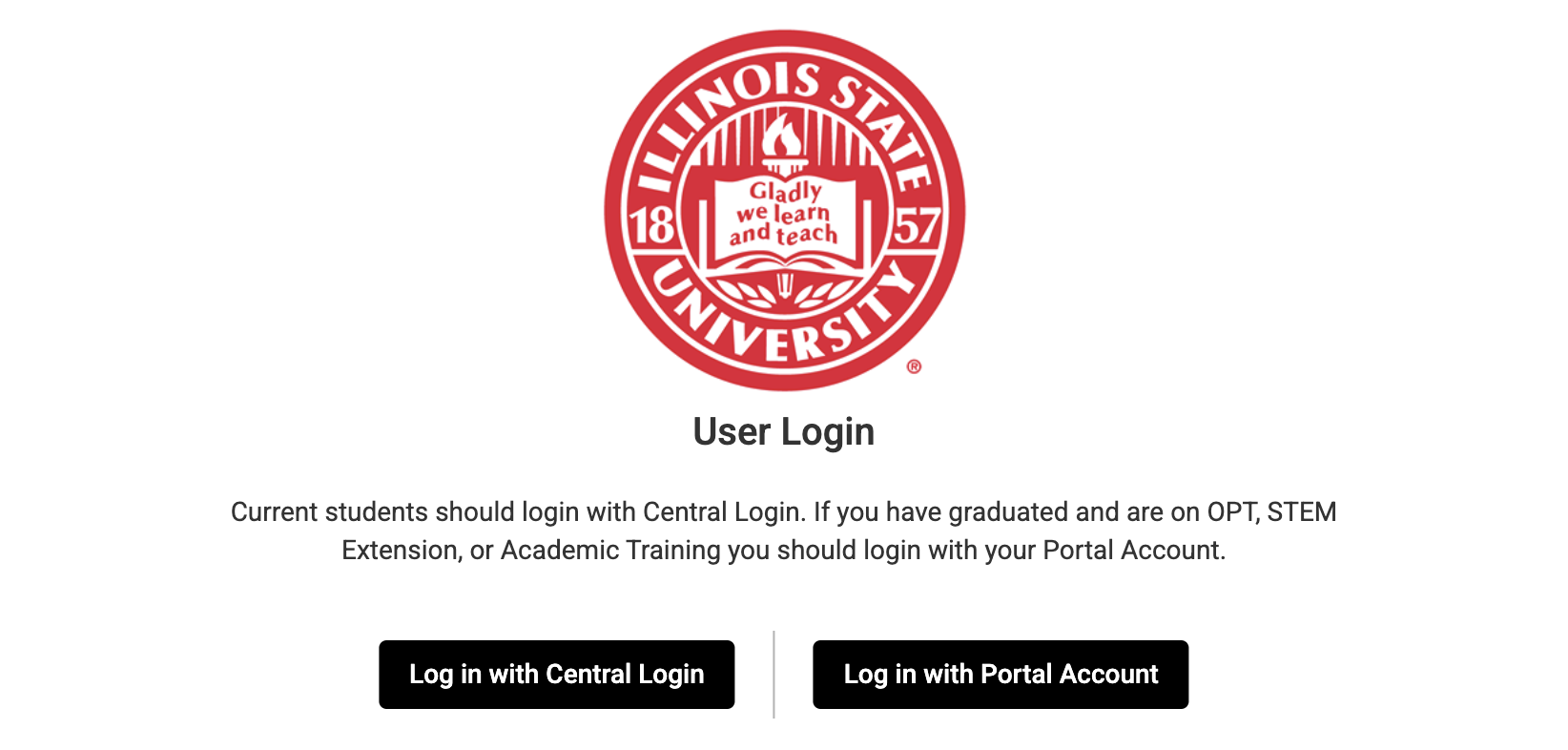 Illinois State University login page with logo and login options for Central and Portal Account.